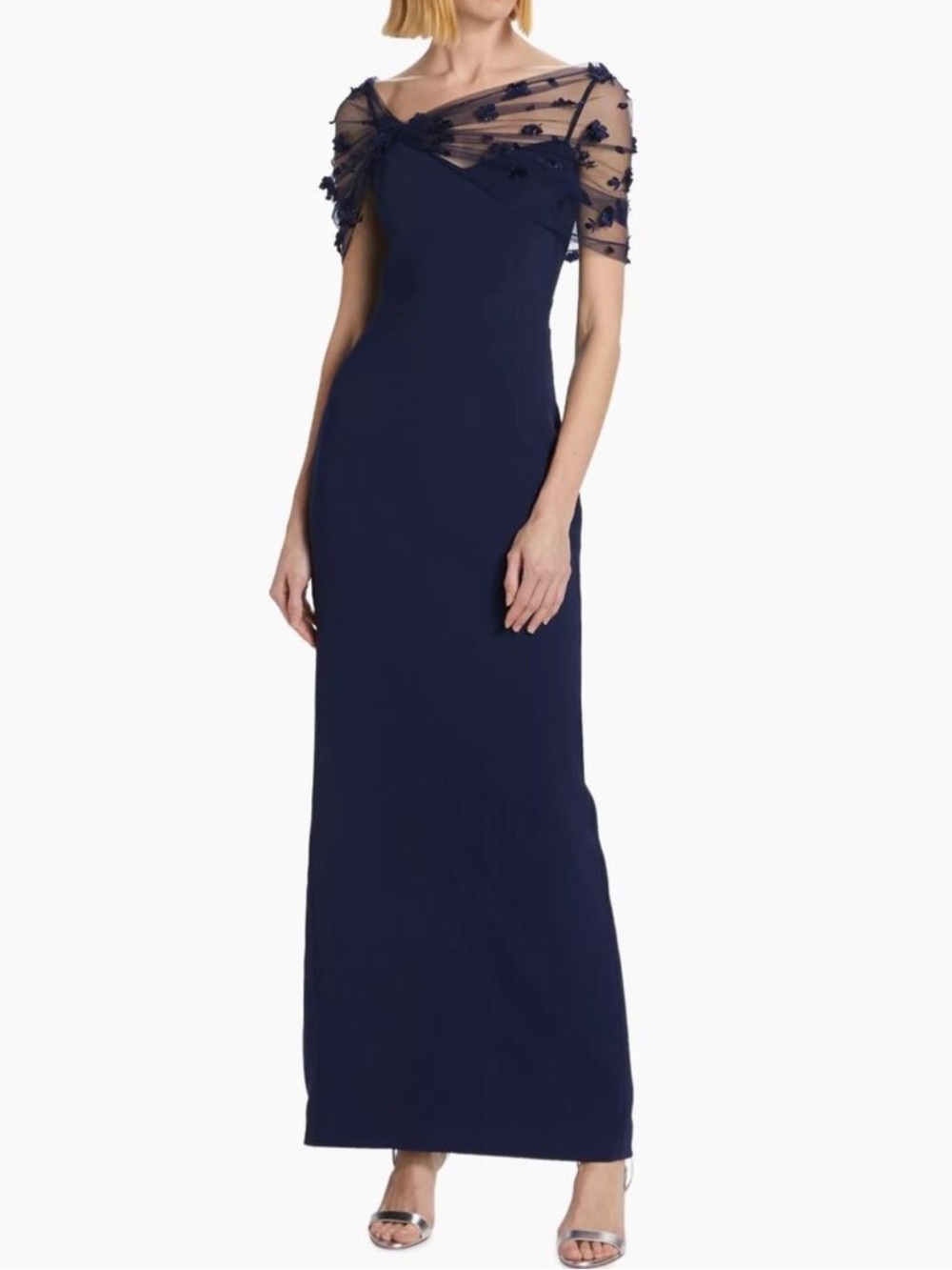 Theia Sophia Beaded Tulle Shawl Column Gown Navy Blue Formal Evening Dress NWT 4